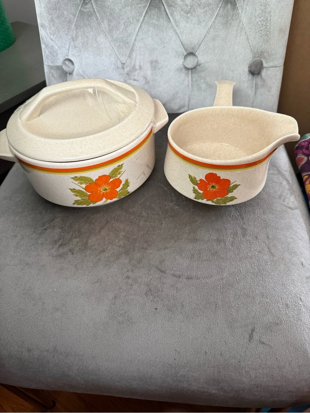 Vintage 70s Lenox Temper-Ware Fire Flower Casserole Dish With Lid and gravy boat